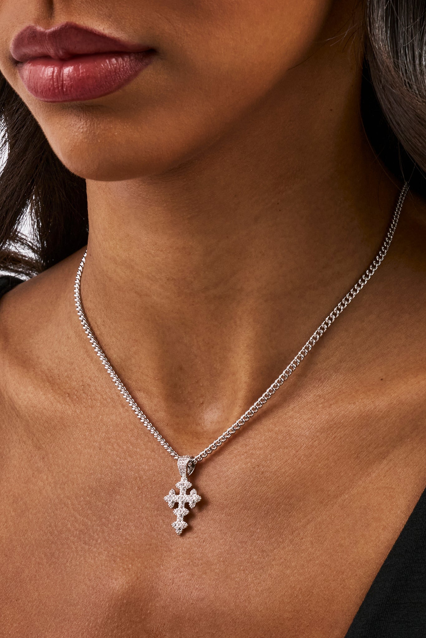 Womens Iced Motif Cross Necklace - 20mm - White